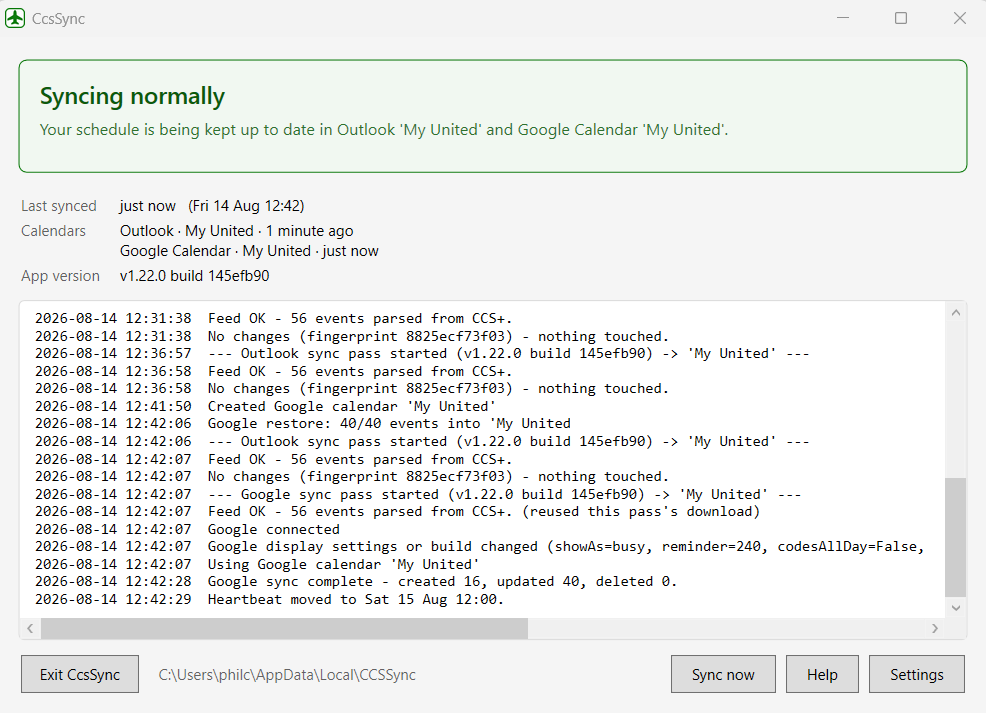 The CcsSync window, reading Syncing normally, with the sync log below.